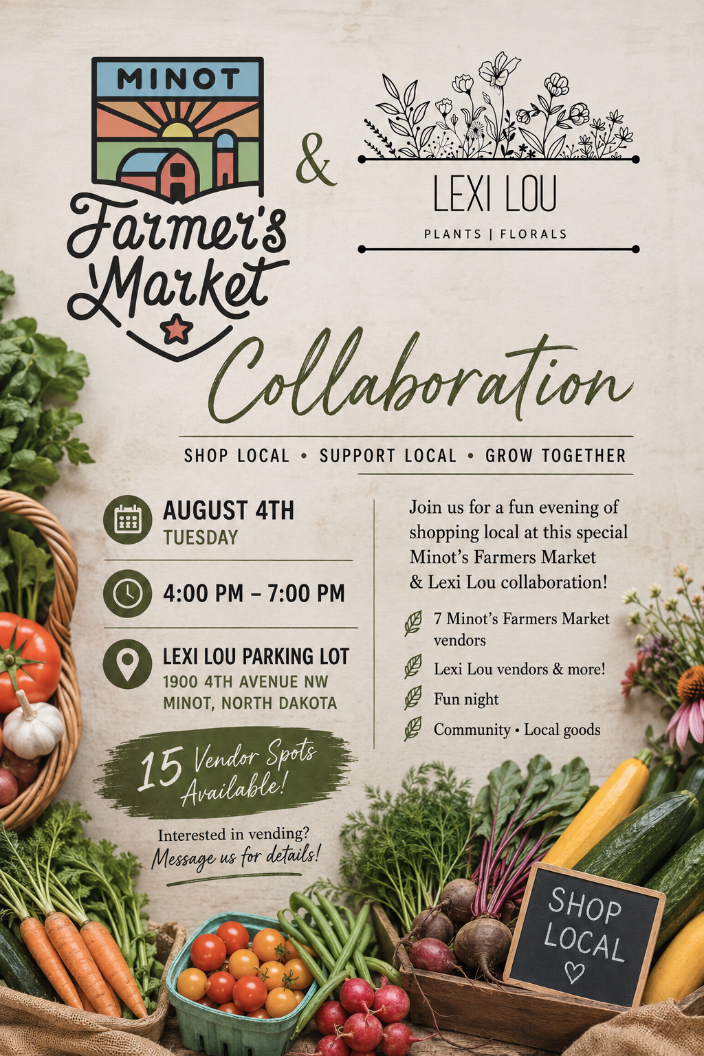 Farmers Market on August 4th: 4pm-7pm